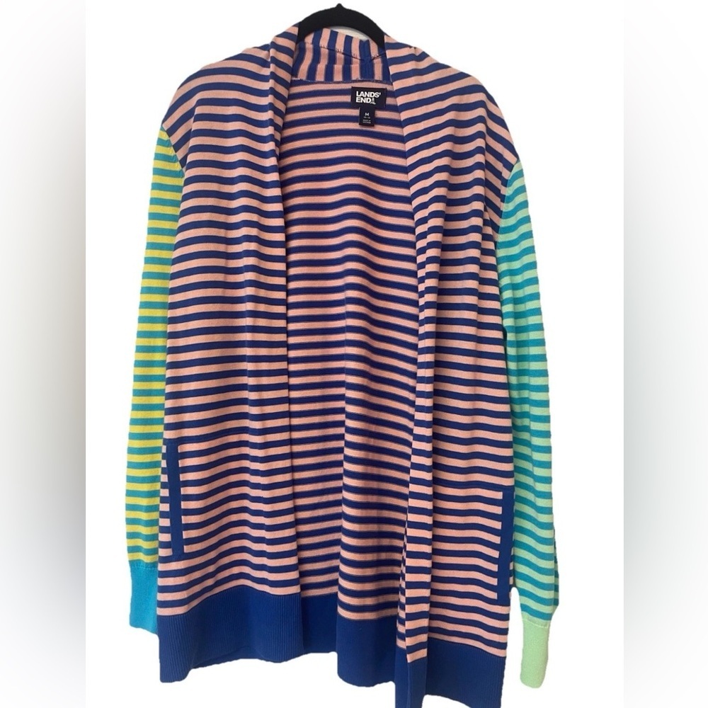 NWOT Lands End Mixed Print Long Sleeve Open Cardigan Sweater Size M 100% cotton - Picture 2 of 8